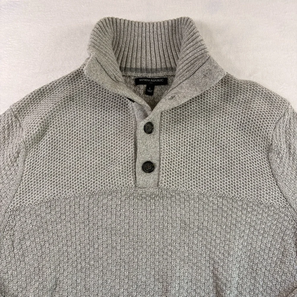 Banana Republic Sweater Mens Large Gray 1/4 Button Pullover Cotton Blend Knit